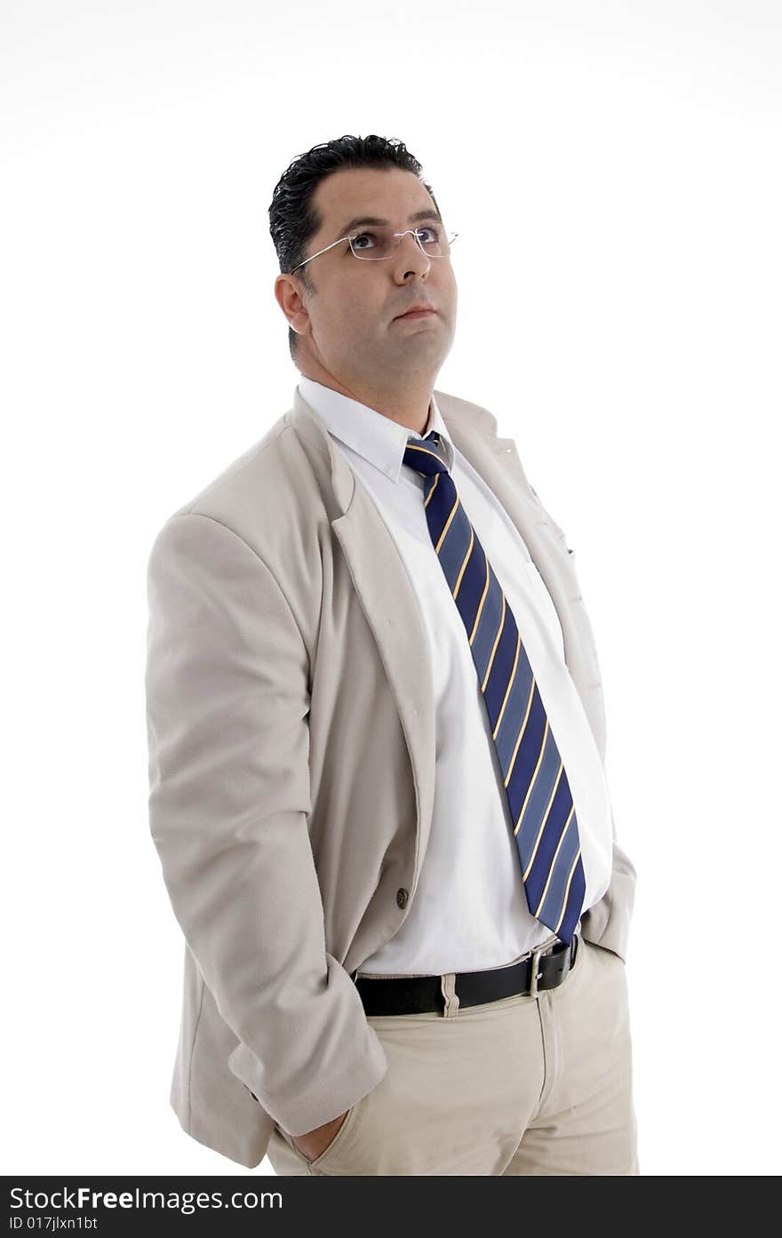 White businessman looking upward on  an isolated white background