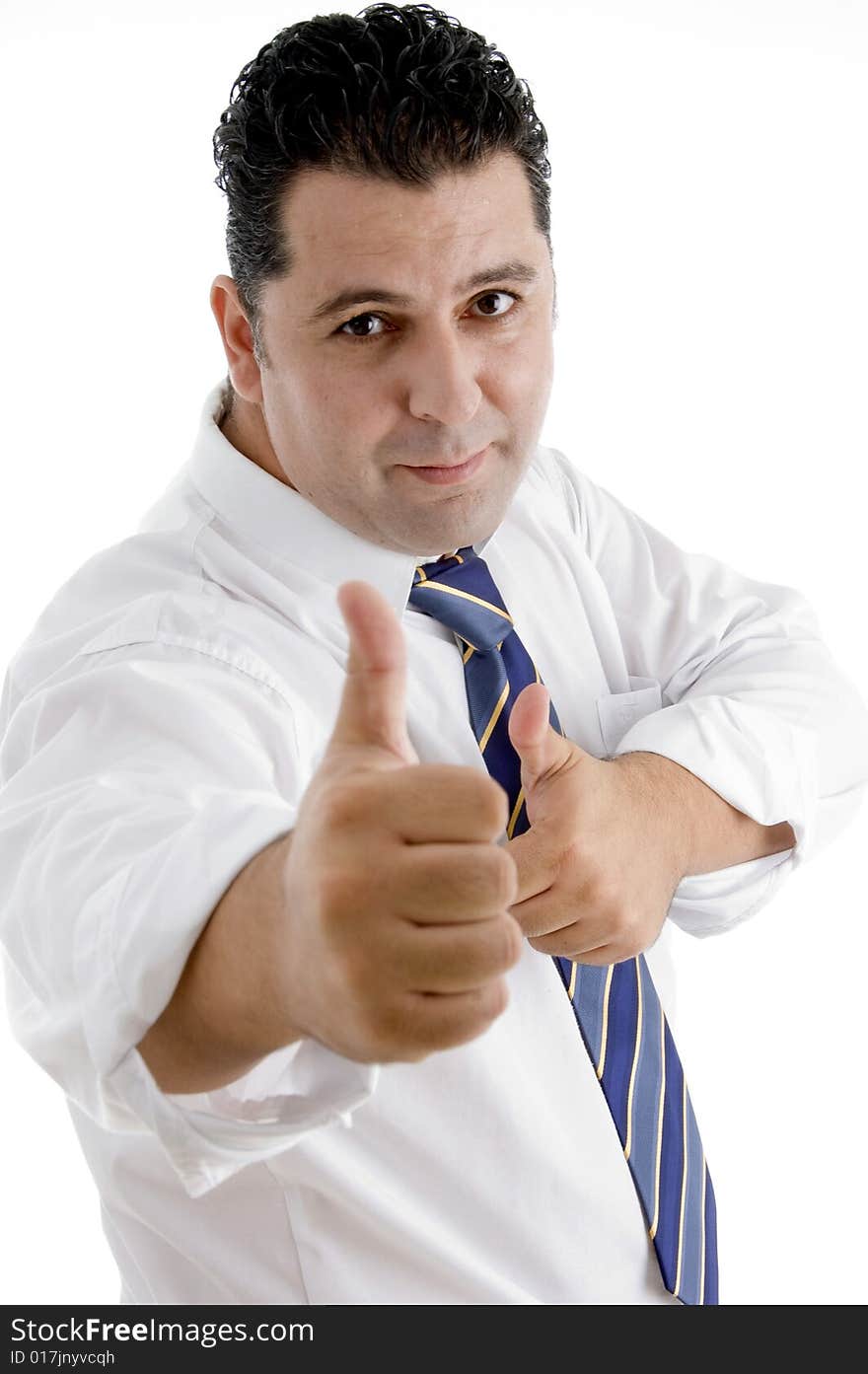 Smiling businessman showing approval gesture on  an isolated white background