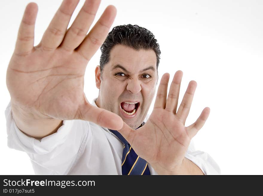 Shouting businessman showing his palms on  an isolated white background