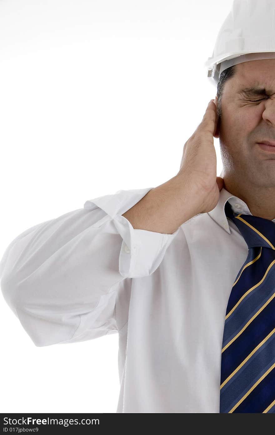 Architect with closed eyes and hand on his ear on  an isolated white background