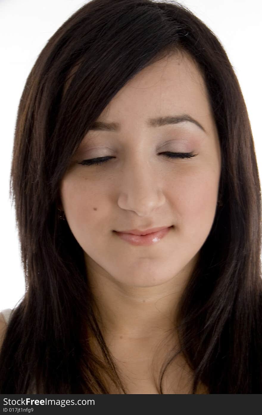 Close up of pretty brunette female on  an isolated white background