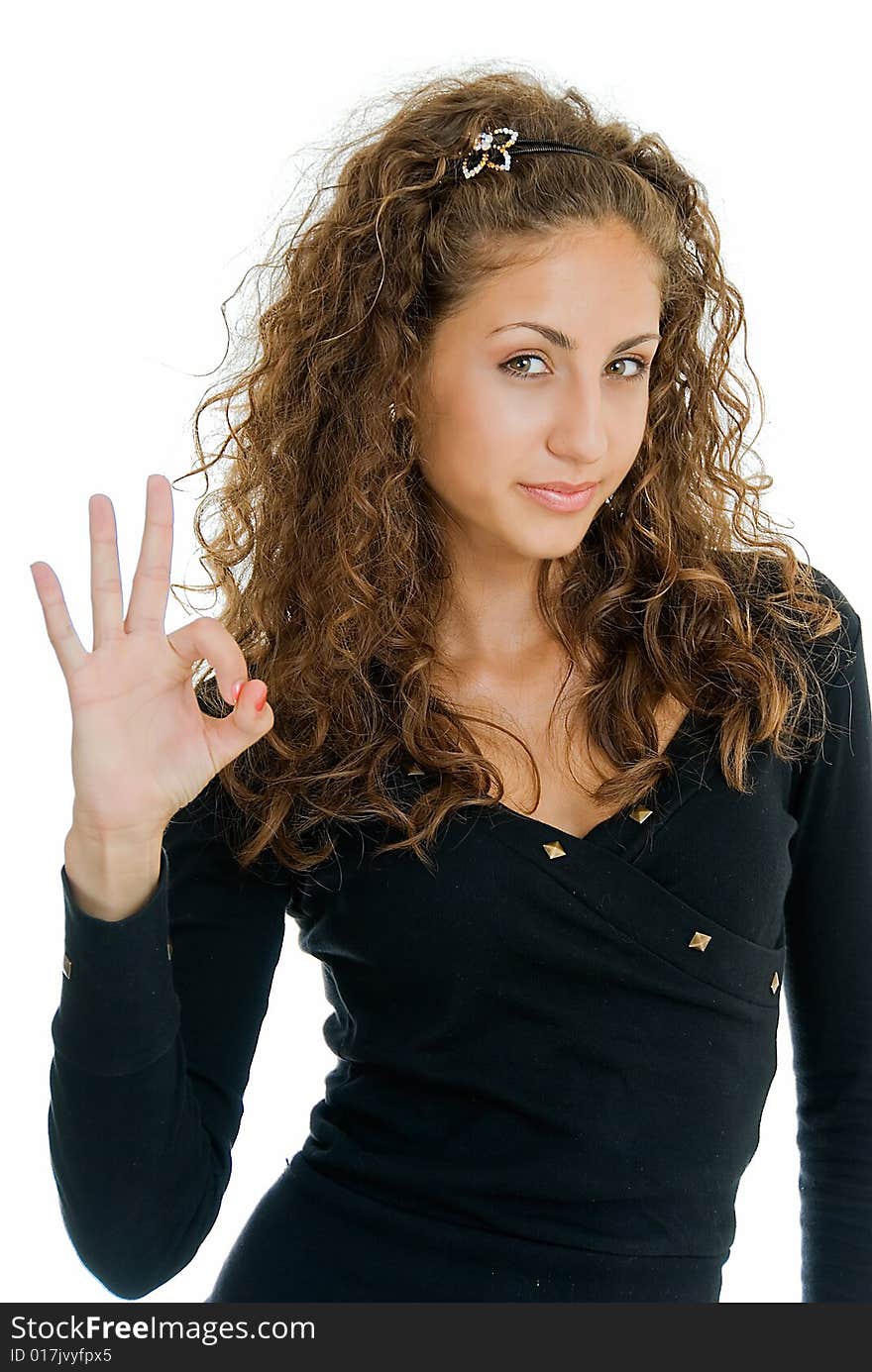 Pretty girl shows sign okay on white background. Pretty girl shows sign okay on white background