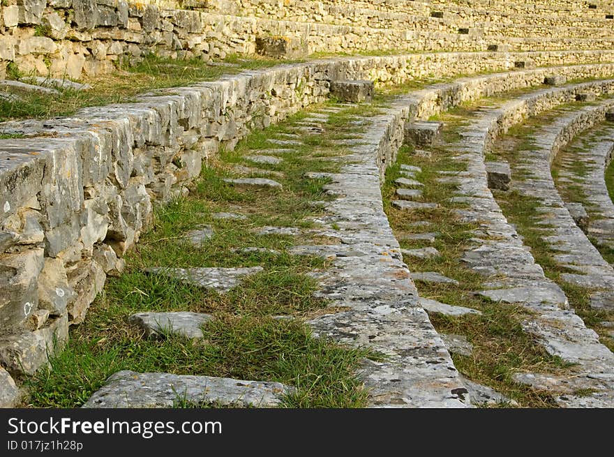 Fragment of sitting range in the ancient Roman amphitheater in Pula. Fragment of sitting range in the ancient Roman amphitheater in Pula