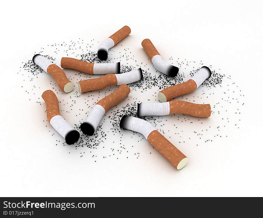 Used cigarette butts with ash on white background