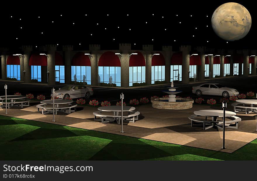 3d rendering of a retail center at night. 3d rendering of a retail center at night