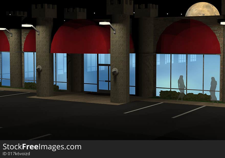 3d rendering of a retail center at night. 3d rendering of a retail center at night