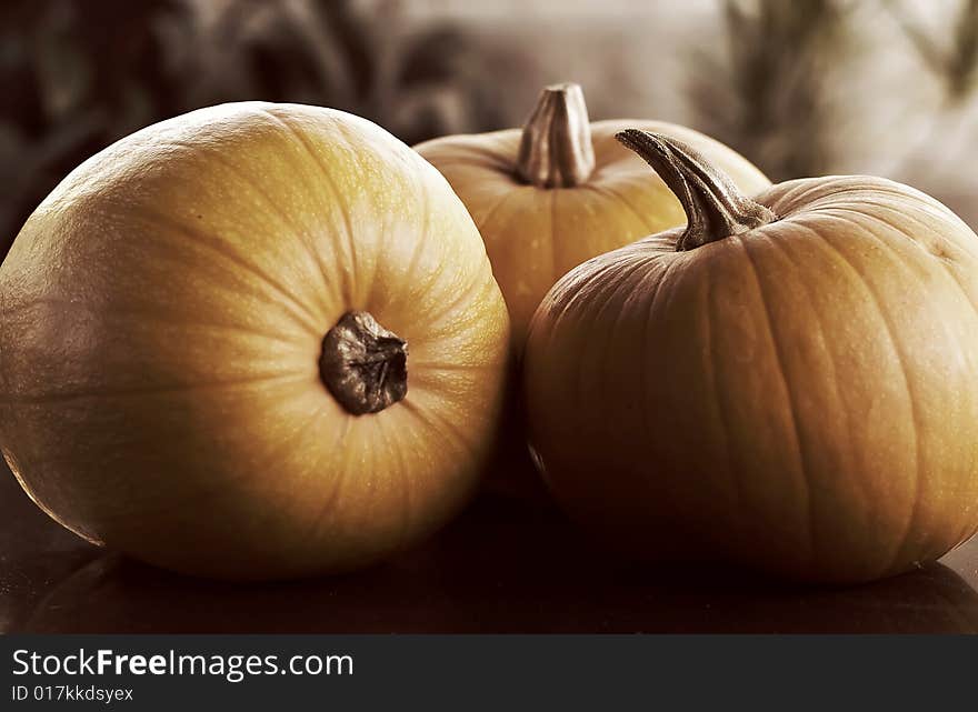 Three Pumpkins on a Table