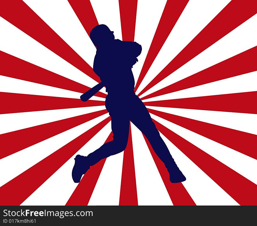 Navy baseball player silhouette with red and white burst background. Navy baseball player silhouette with red and white burst background.