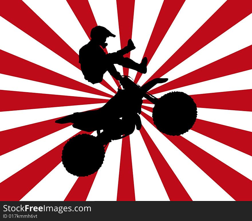 Black biker silhouette with red and white burst background. Black biker silhouette with red and white burst background.