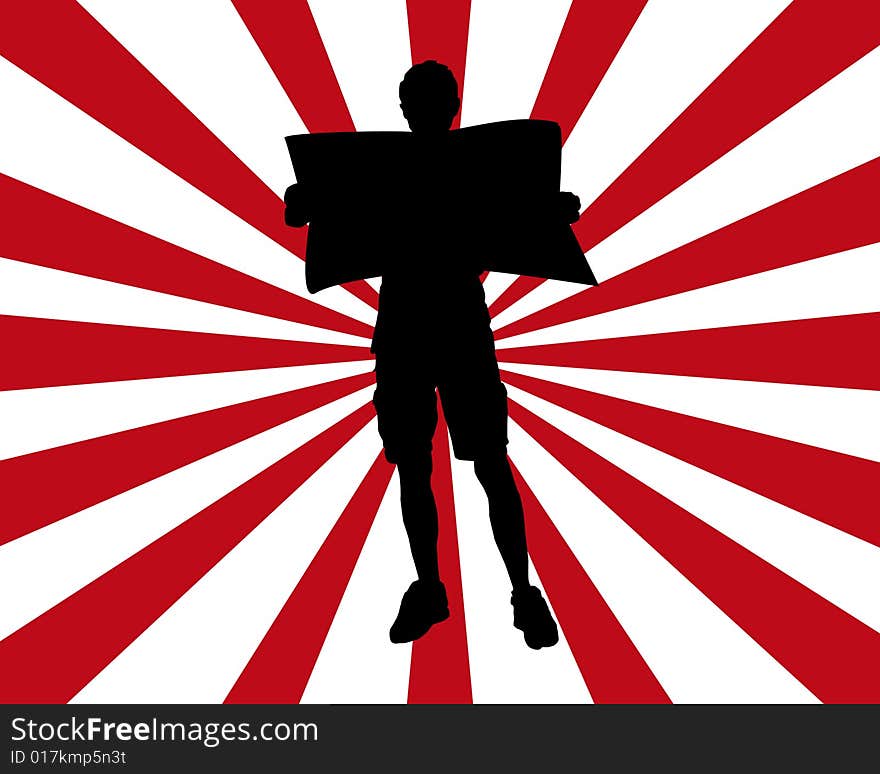 Black silhouette of a person holding a blank sign with red and white burst background. Black silhouette of a person holding a blank sign with red and white burst background.