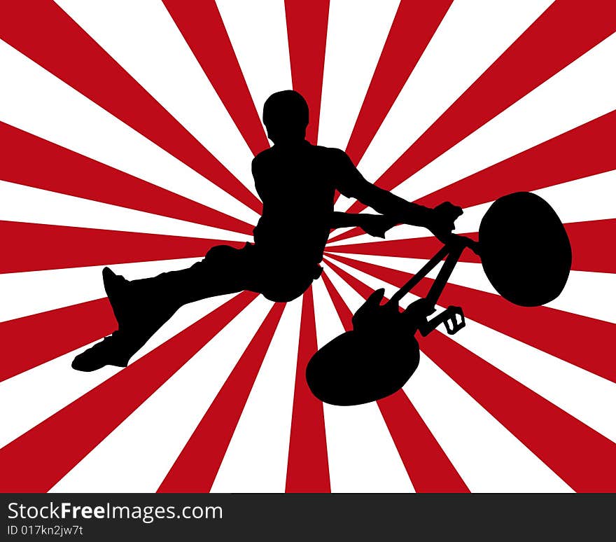 Black silhouette of a cyclist on a red and white burst background. Black silhouette of a cyclist on a red and white burst background.