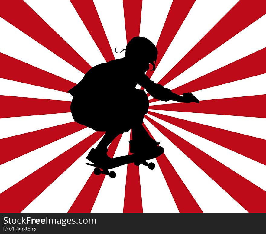 Black sihouette of a skateboarder on a red and white background. Black sihouette of a skateboarder on a red and white background.