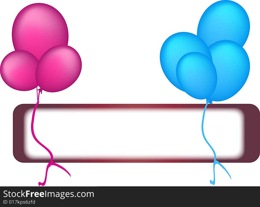 Two clusters of balloons tied to a banner. Two clusters of balloons tied to a banner