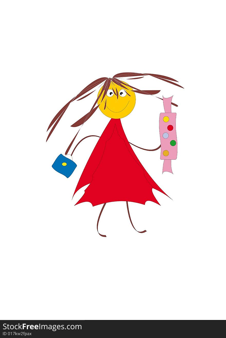 Merry girl in red dress with the dark blue handbag. White background. Abstract picture. Merry girl in red dress with the dark blue handbag. White background. Abstract picture.