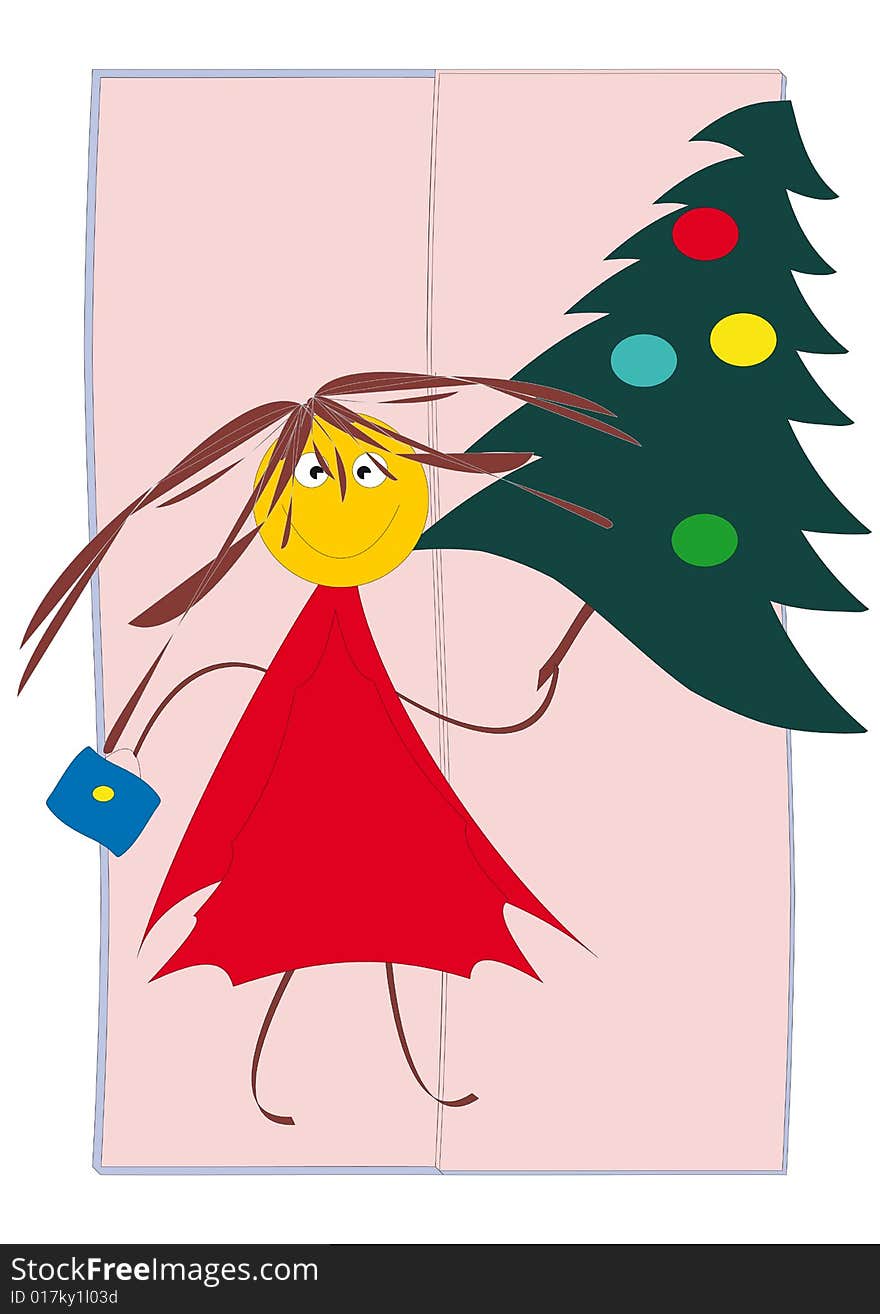 Merry girl in red dress with fir-tree on a pink background. Merry girl in red dress with fir-tree on a pink background.