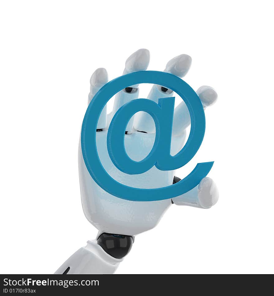 3d robotic hand hold a email at symbol. 3d robotic hand hold a email at symbol