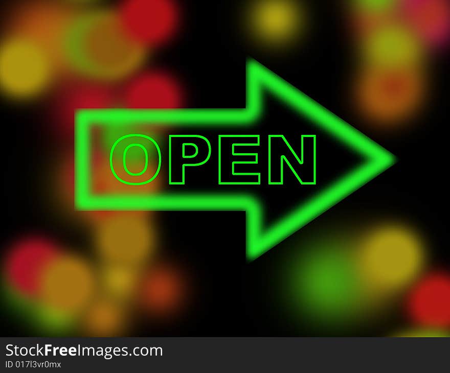 Green neon open sign with a night lighting background