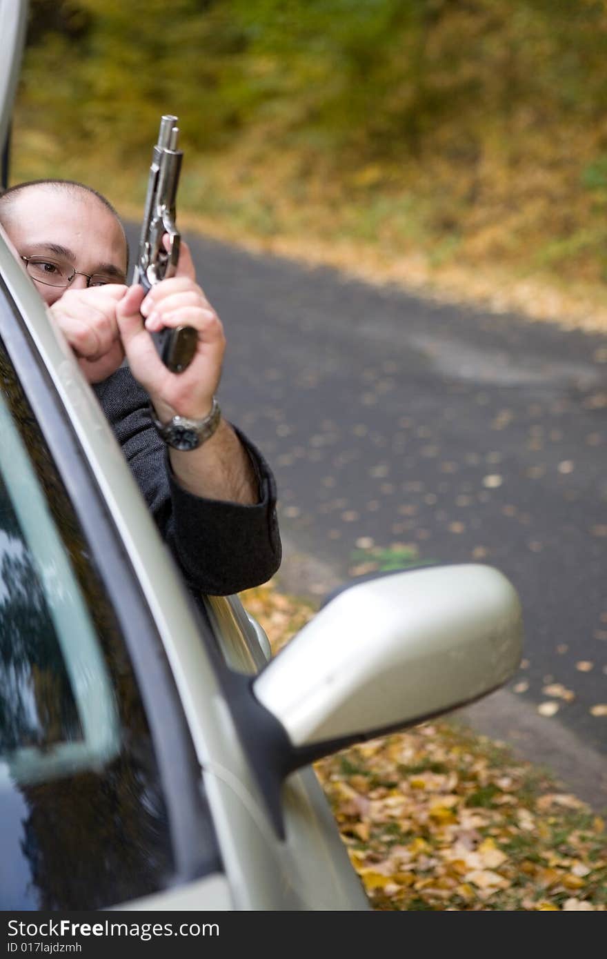 Danger gangster traveling by car. Danger gangster traveling by car