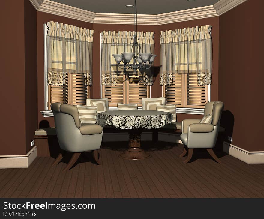 Modern furniture in the breakfast nook of a suburban home.  Computer Generated Image, 3d models.