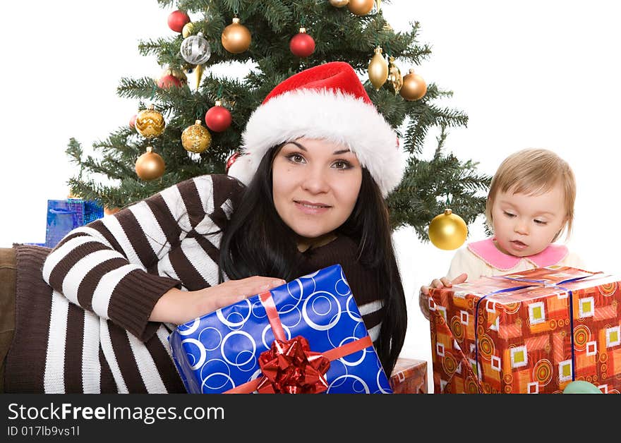 Happy mother and daughter over christmas tree. Happy mother and daughter over christmas tree