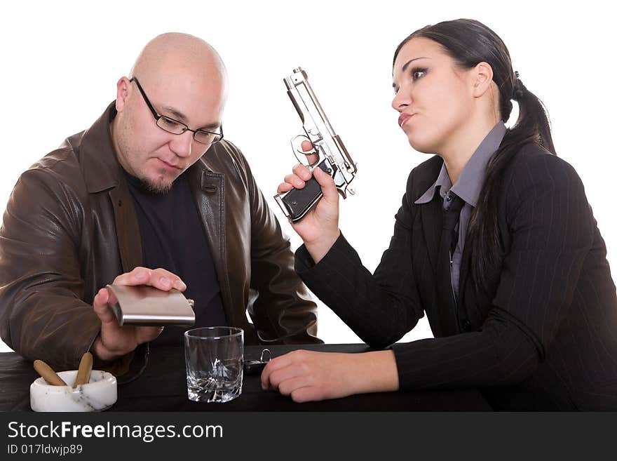 Man and woman with gun. over white background. Man and woman with gun. over white background