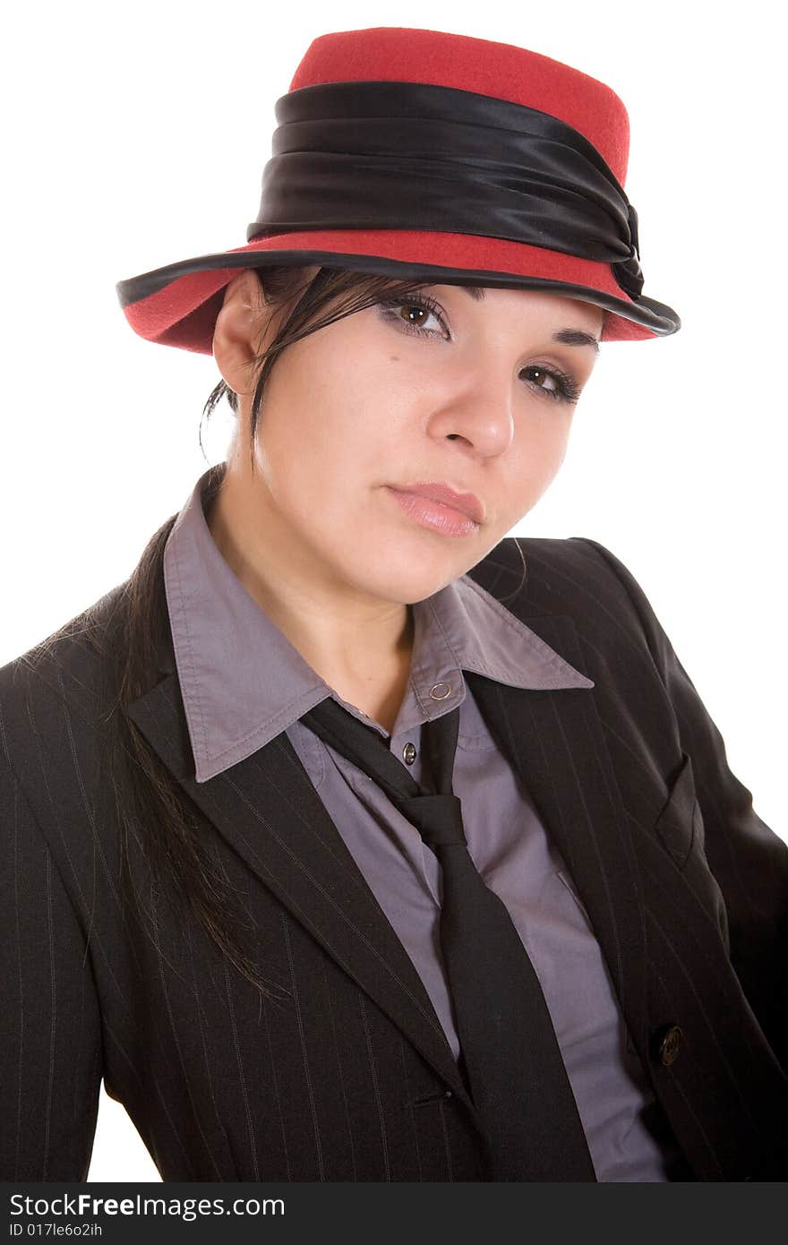 Attractive brunette woman with hat. over white background. Attractive brunette woman with hat. over white background