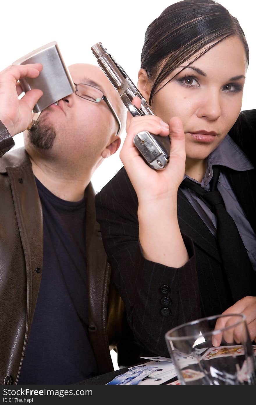 Man and woman with gun. over white background. Man and woman with gun. over white background