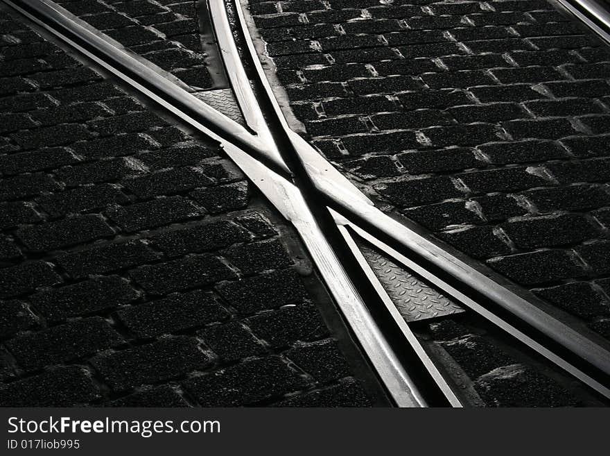 Switch of a tramway / streetcar rail in Kassel, Germany. Switch of a tramway / streetcar rail in Kassel, Germany