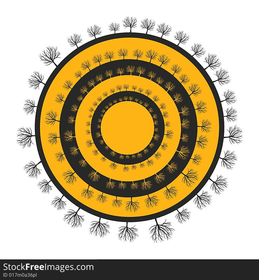 Vector illustration of trees silhouettes around black and yellow circles. Vector illustration of trees silhouettes around black and yellow circles