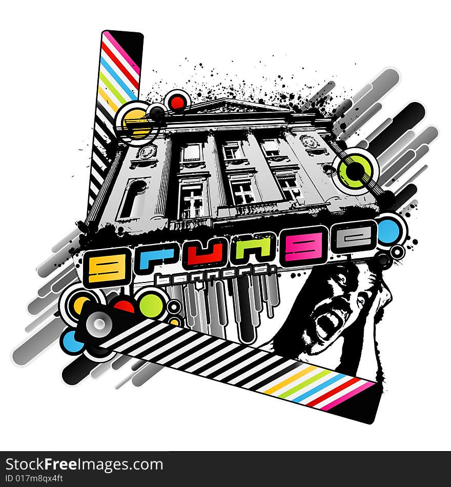 Vector illustration of a classic palace with colorful abstract circles and squares, striped strip, ink splatters and banner. Screaming man concept, horror. Vector illustration of a classic palace with colorful abstract circles and squares, striped strip, ink splatters and banner. Screaming man concept, horror.