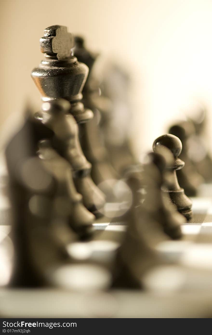 View of a chess board highlighting the king in the middle of a layout. View of a chess board highlighting the king in the middle of a layout