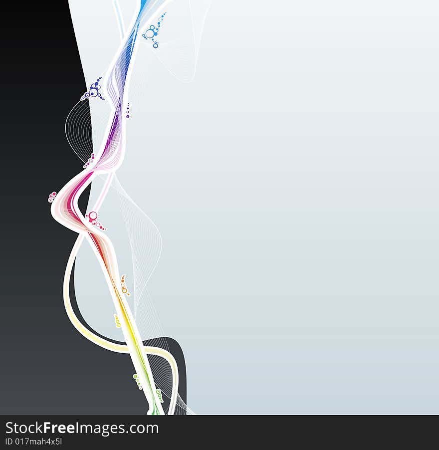 Vector illustration of a rainbow wave with lined art flows and colorful bubbles on a black and gradient blue background. Vector illustration of a rainbow wave with lined art flows and colorful bubbles on a black and gradient blue background.