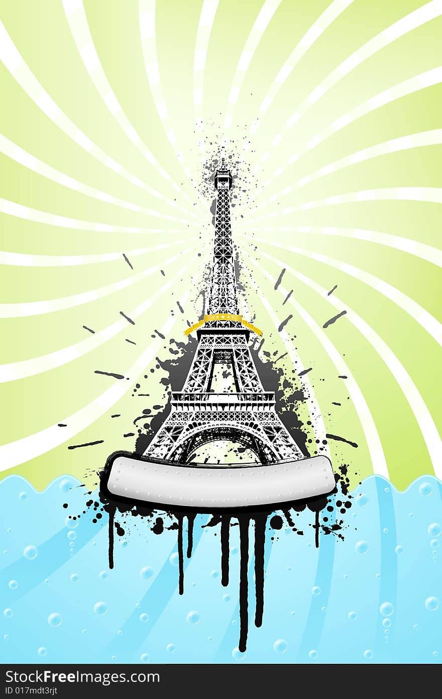 Vector illustration of the Eiffel tower in paris with ink splatter grunge explosions, stylish sea with bubbles and spiral sky. Metal board with bolts for custom design. Vector illustration of the Eiffel tower in paris with ink splatter grunge explosions, stylish sea with bubbles and spiral sky. Metal board with bolts for custom design.