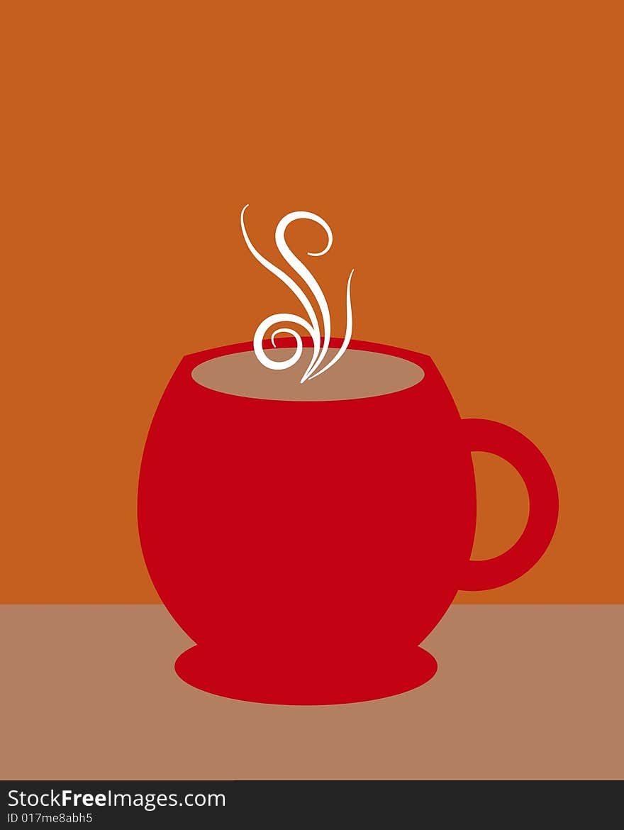 Red coffee mug on a brown and orange background.