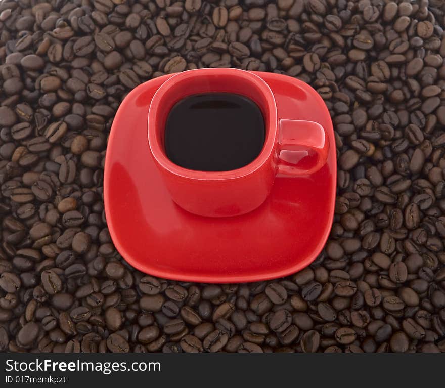 Coffee, red cup with coffee beans