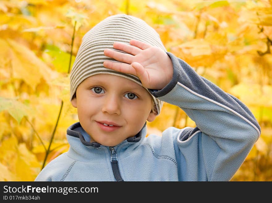 Boy gesturing in autumn scenery