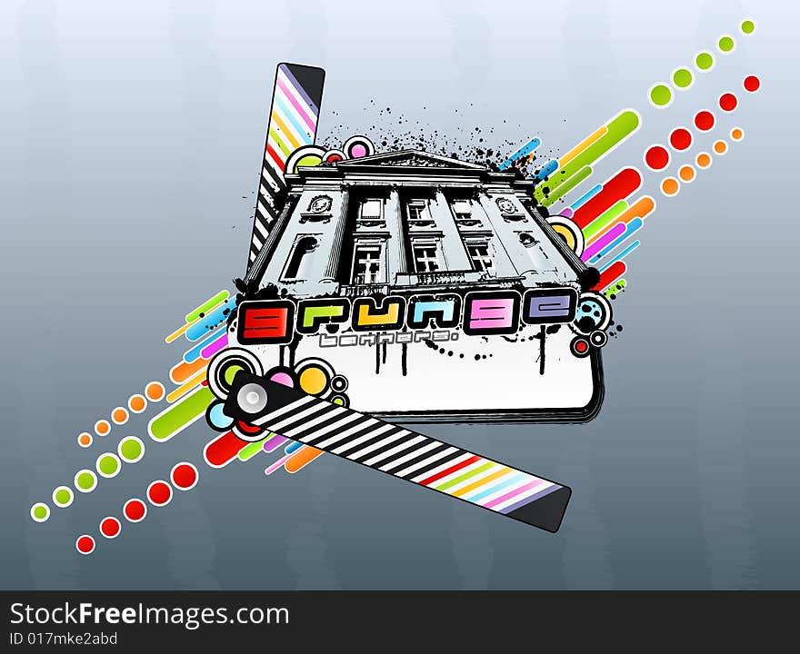 Vector illustration of a classic palace with colorful abstract circles and squares, striped strip, ink splatters and banner. Vector illustration of a classic palace with colorful abstract circles and squares, striped strip, ink splatters and banner.