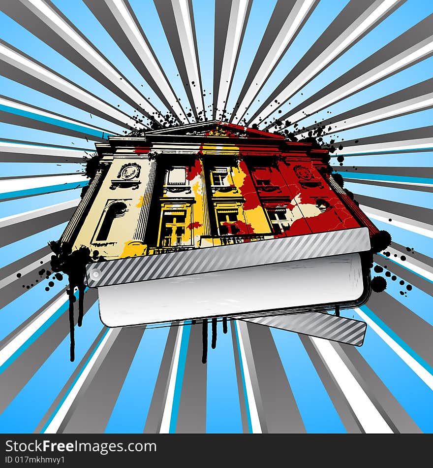 Vector illustration of a traced classical palace with movie cinema checkerboard, ink splatters and explosive background. European map on the facade. Vector illustration of a traced classical palace with movie cinema checkerboard, ink splatters and explosive background. European map on the facade.