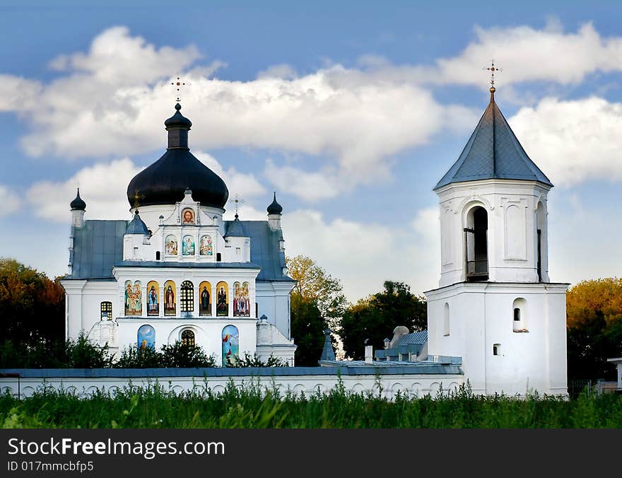 Orthodox monastery on sky background