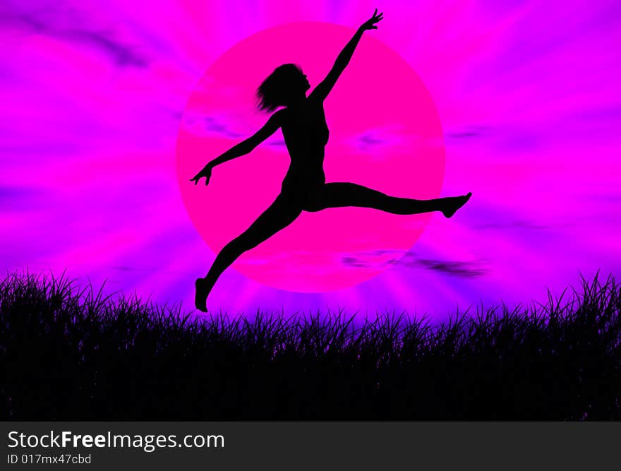 Black woman figure jumping in the sunset