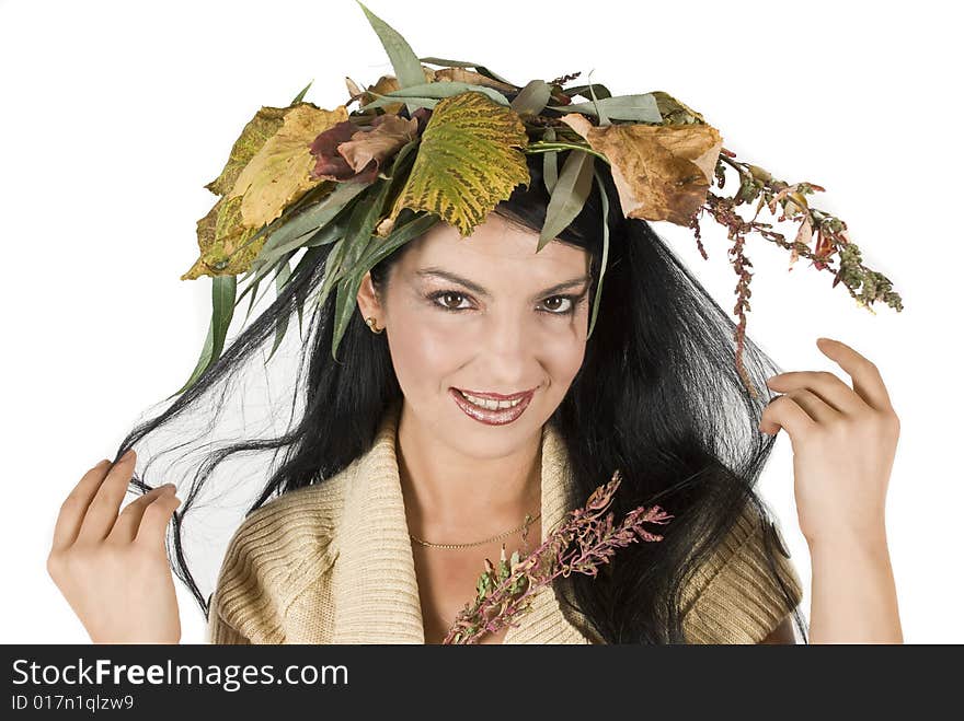 Smiling miss autumn with hands in her hair,more photos with this model in <a href=http://www.dreamstime.com/autumn-rcollection8230-resi828293>Autumn</a>