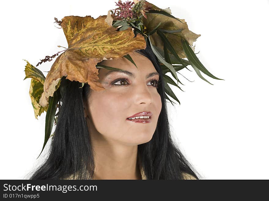 Beautiful autumn girl looking away with crown grape leafs,more photos with this model in Autumn