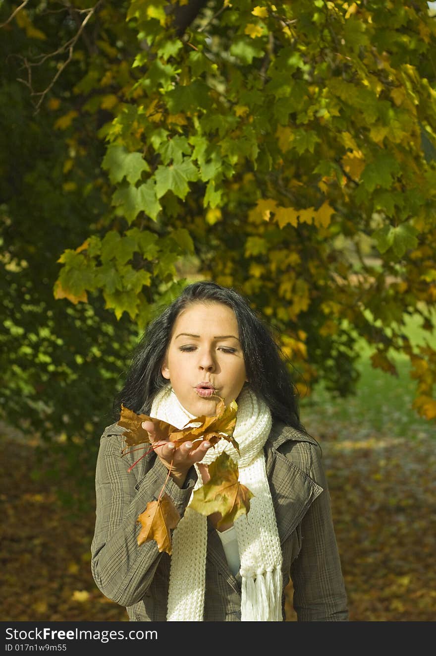 Naturally girl oudoor in park with lot of leaves. Naturally girl oudoor in park with lot of leaves