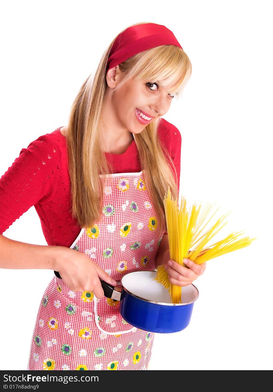 Young cook girl holding spaghetti,isolated on white