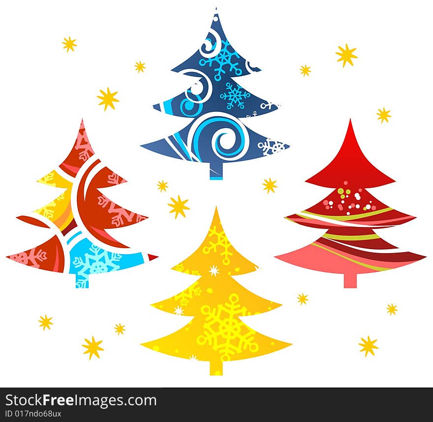 Four stylized Christmas trees and stars on a white background.