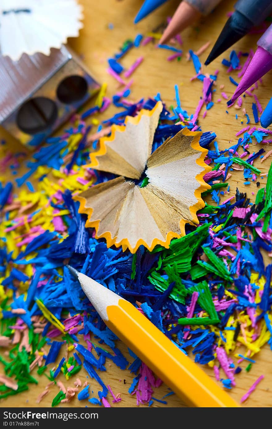 Colored pencils shaving,selective focus