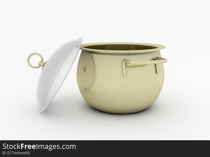 Opened golden pan on white background