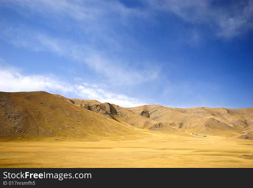 Golden grassland and mountain when i drive to ChaKa Salt Lake in Qinghai, China. Golden grassland and mountain when i drive to ChaKa Salt Lake in Qinghai, China