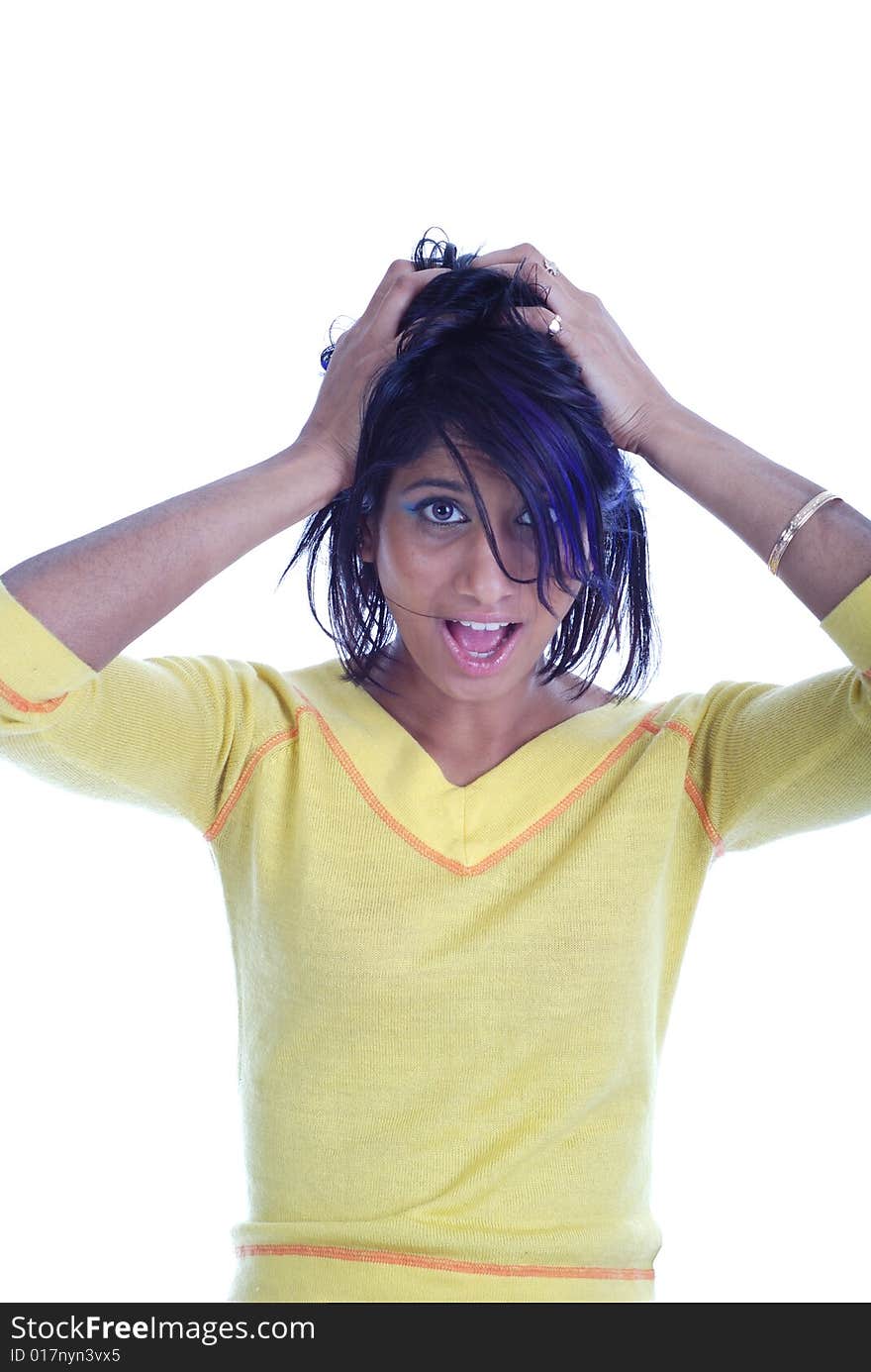 Picture of one girl in yellow on white background. Picture of one girl in yellow on white background