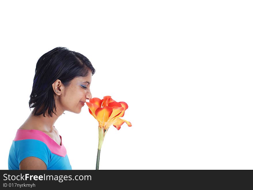 Picture of one girl and orange artificial flower on a white background. Picture of one girl and orange artificial flower on a white background